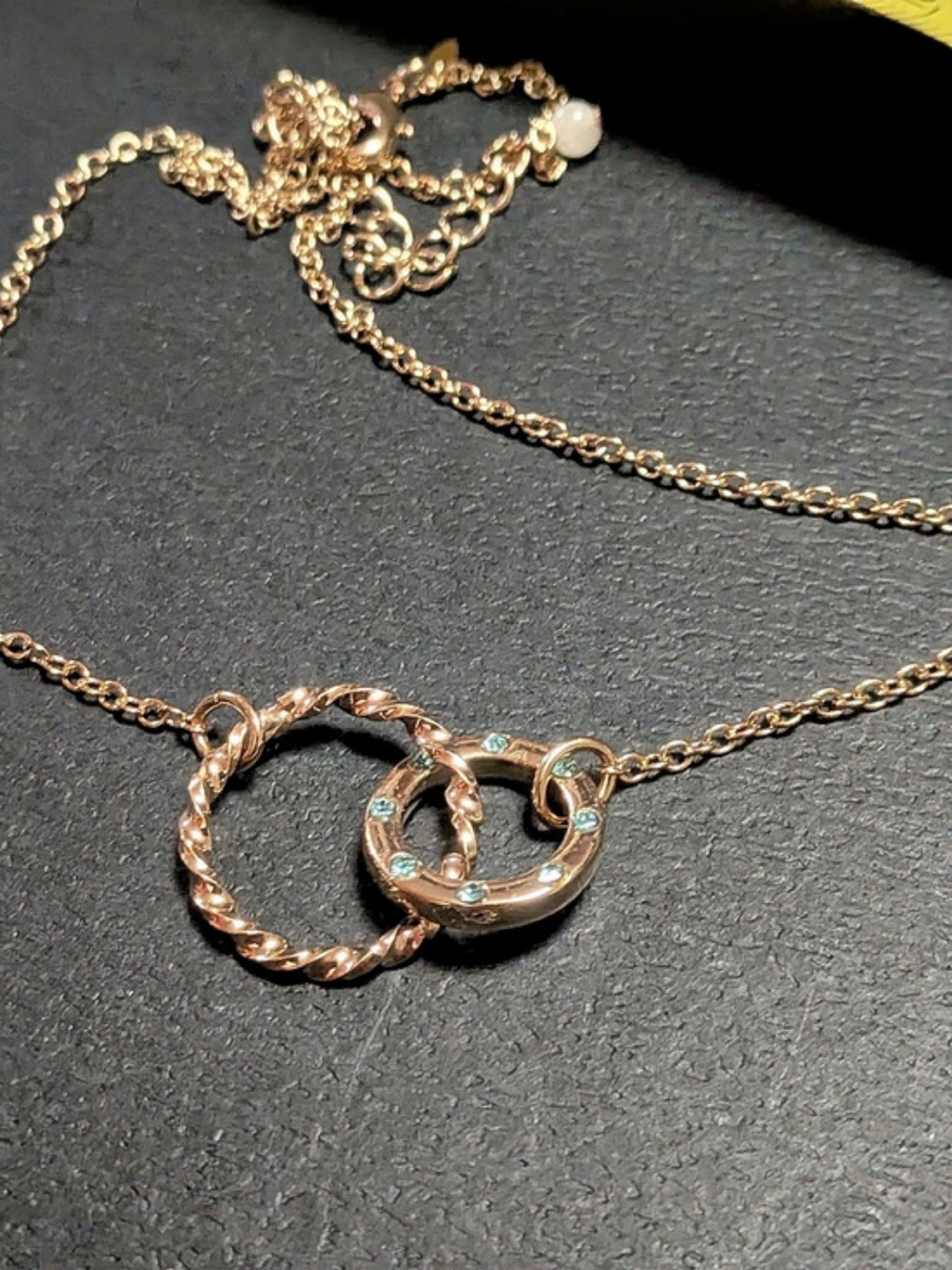 NRG Interlocking Circles Pendant Necklace - Gold Tone with Blue Crystals
